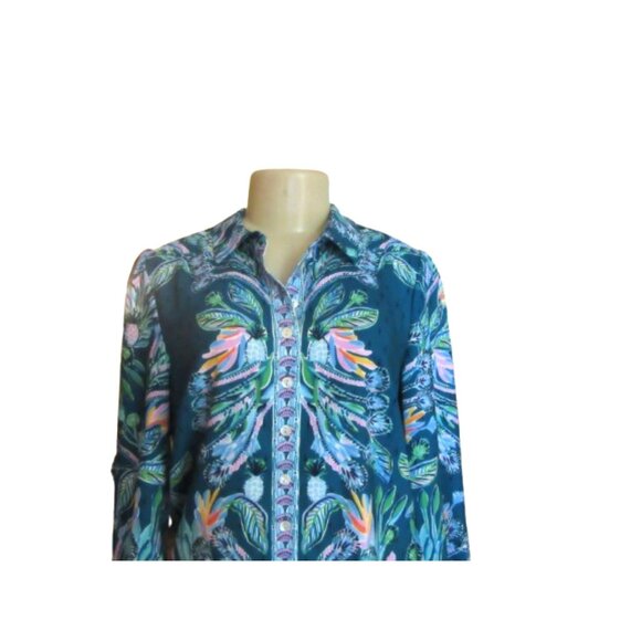 Lilly Pulitzer Tavia Top Valencia Teal Rain Florist Engineered Blouse Size S - Picture 3 of 7